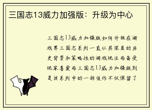 三国志13威力加强版：升级为中心